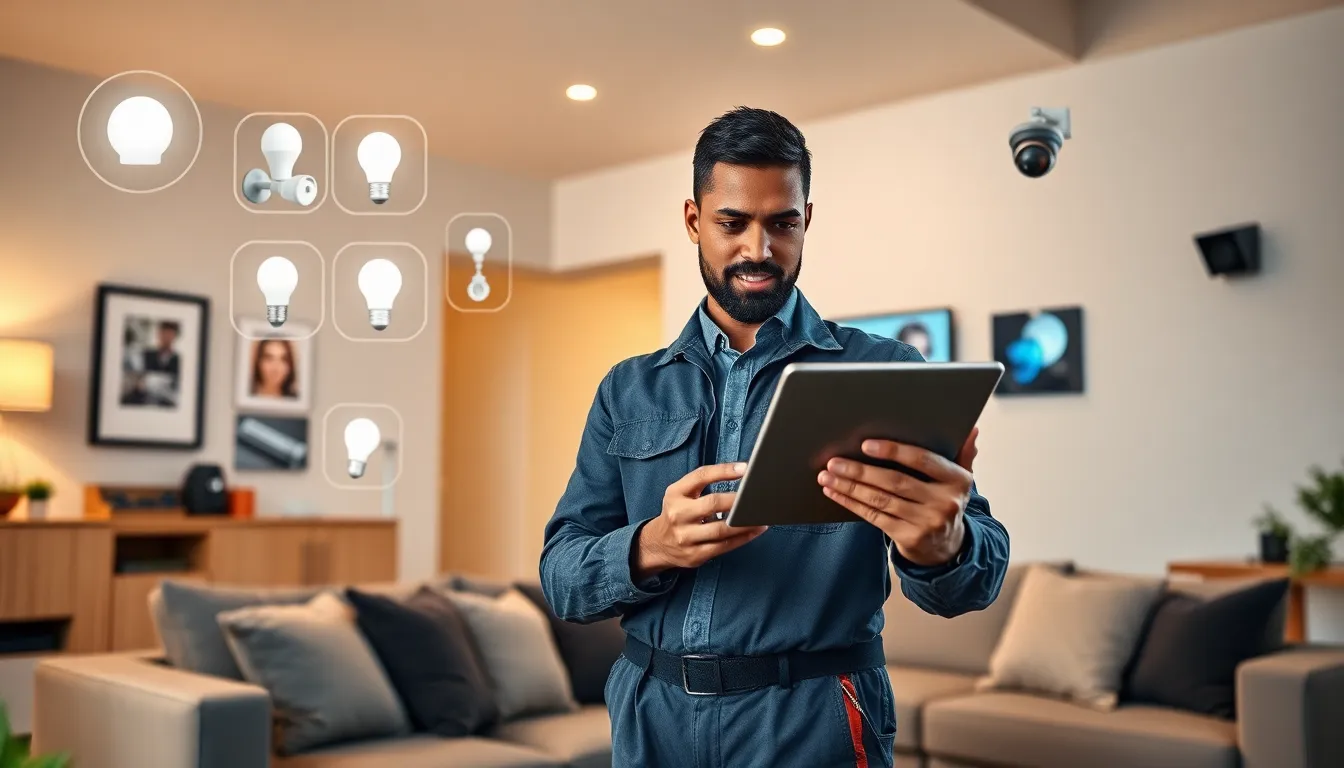 electrician demonstrating home automation technology in a modern living room.