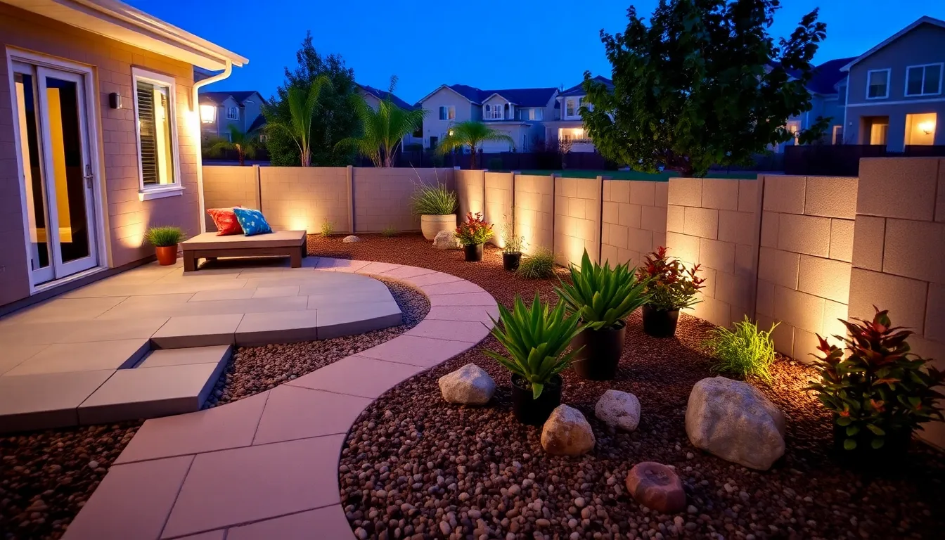 small backyard featuring a modern hardscape design with stone patio and plants.
