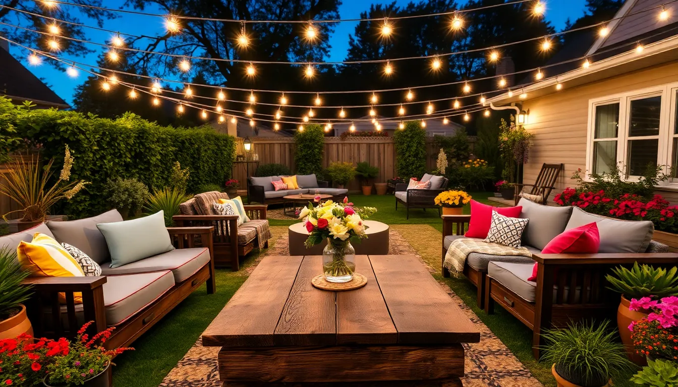 charming backyard setting for entertaining with lights and cozy seating.