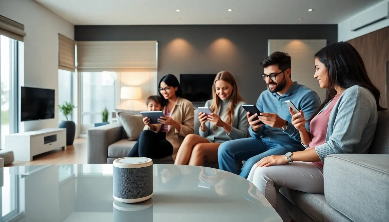 family using smart devices in a modern living room.