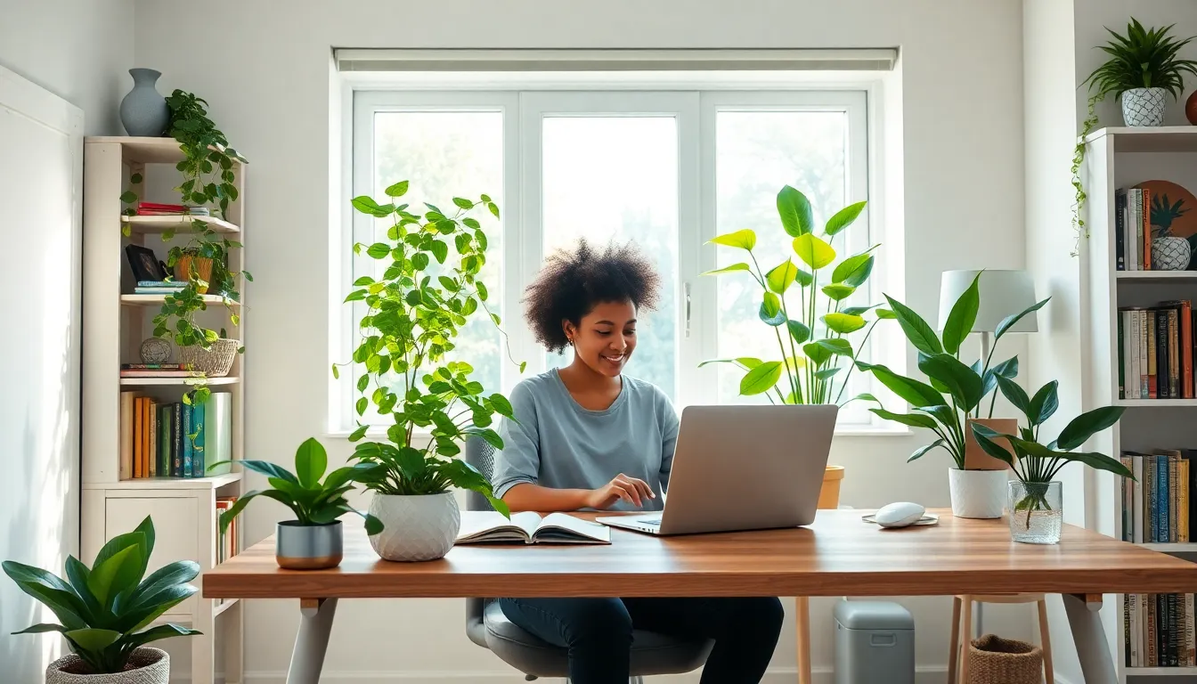 home office with various inexpensive house plants and a focused individual.