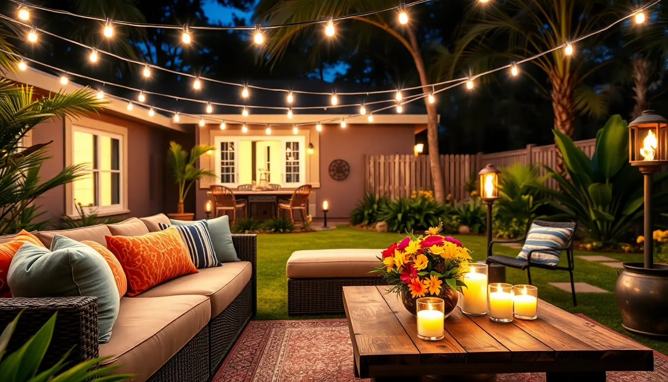 cozy backyard setting for entertaining with ambient lighting.