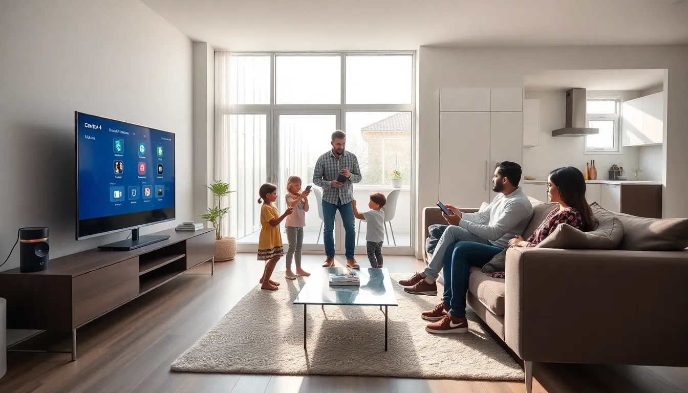 family using Control 4 home automation in a modern living room.
