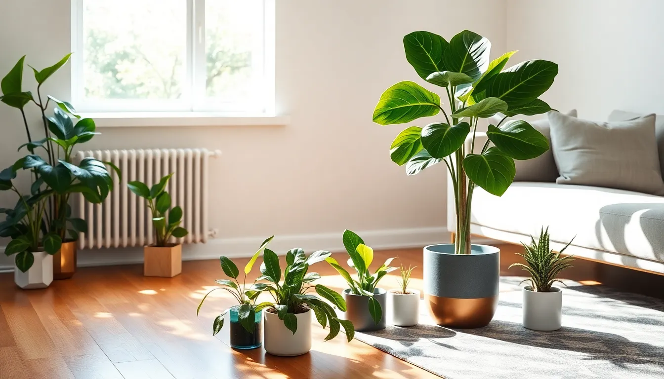 a modern living room with various floor house plants.