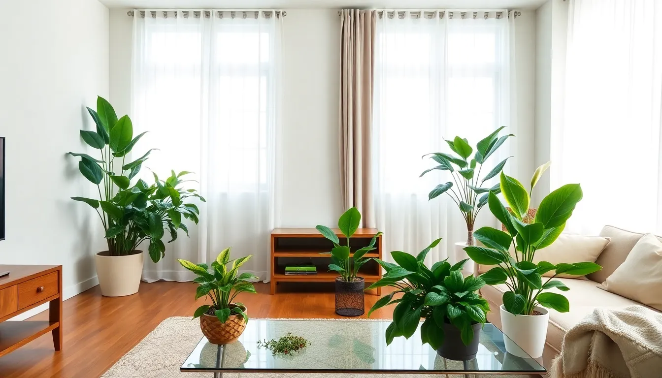 modern living room with low-light house plants on display.