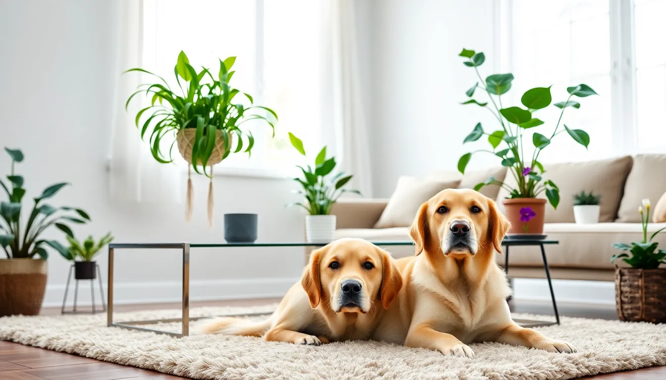 a living room with dog-safe plants and a golden retriever relaxing.